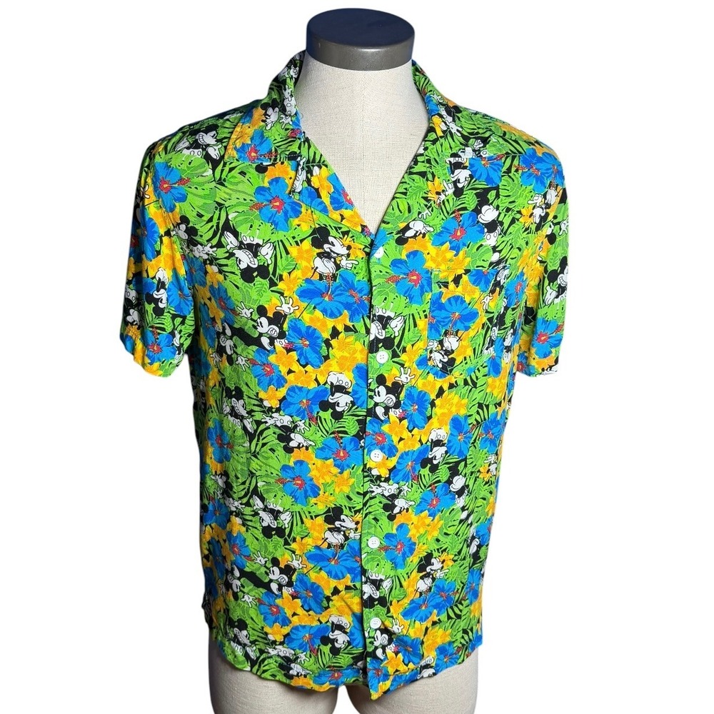Disney Mickey Mouse Tropical Hawaiian Shirt Mens Medium Green Floral Hibiscus